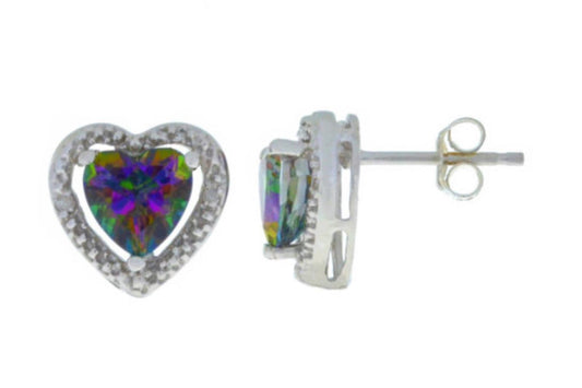 Natural Mystic Topaz & Diamond Heart Stud Earrings .925 Sterling Silver