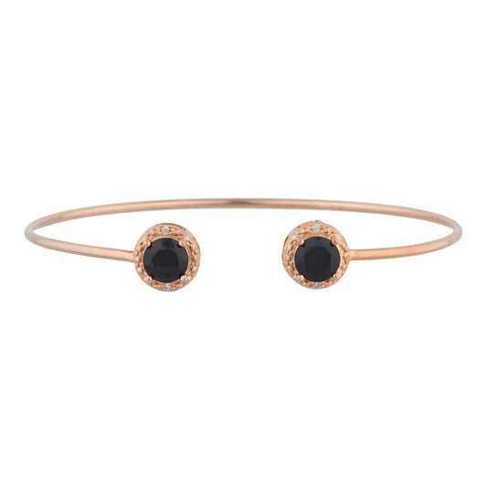 14Kt Rose Gold Plated Genuine Black Onyx & Diamond Round Bangle Bracelet