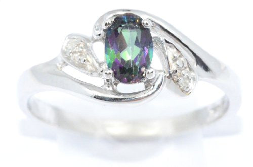 0.50 Ct Mystic Topaz & Diamond Oval Ring .925 Sterling Silver Rhodium Finish