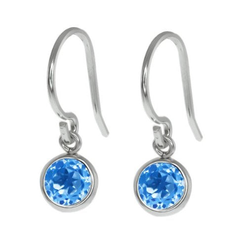 1 Ct Blue Topaz Round Bezel Dangle Earrings .925 Sterling Silver