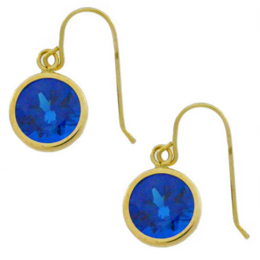 14Kt Yellow Gold Blue Sapphire 6mm Round Bezel Dangle Earrings