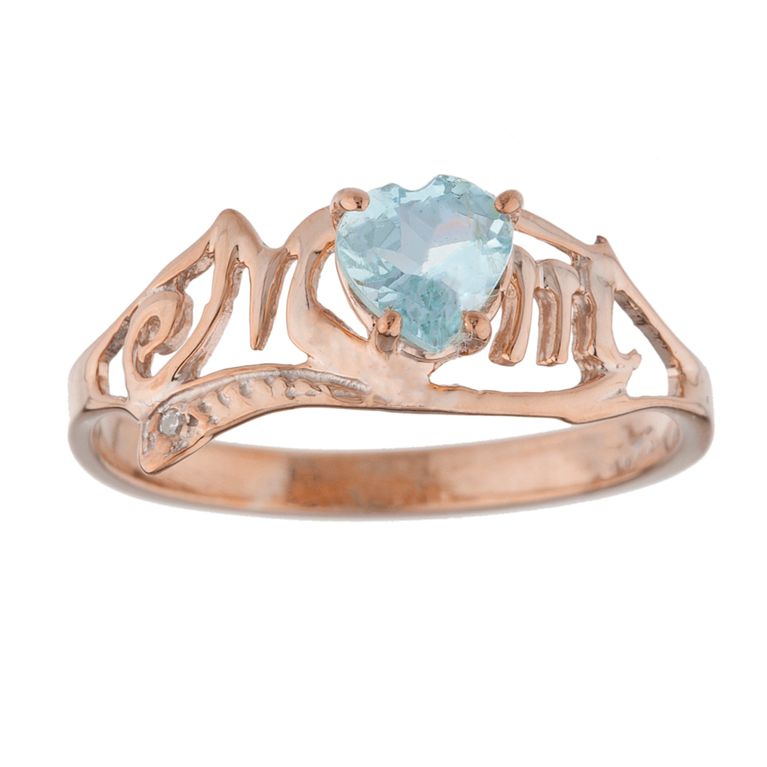 14Kt Gold Genuine Aquamarine & Diamond Heart Mom Ring