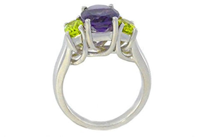 4 Ct Amethyst & Peridot Oval Ring .925 Sterling Silver Rhodium Finish