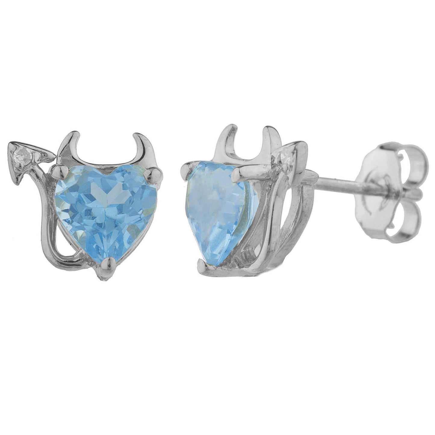 Blue Topaz & Diamond Devil Heart Stud Earrings .925 Sterling Silver