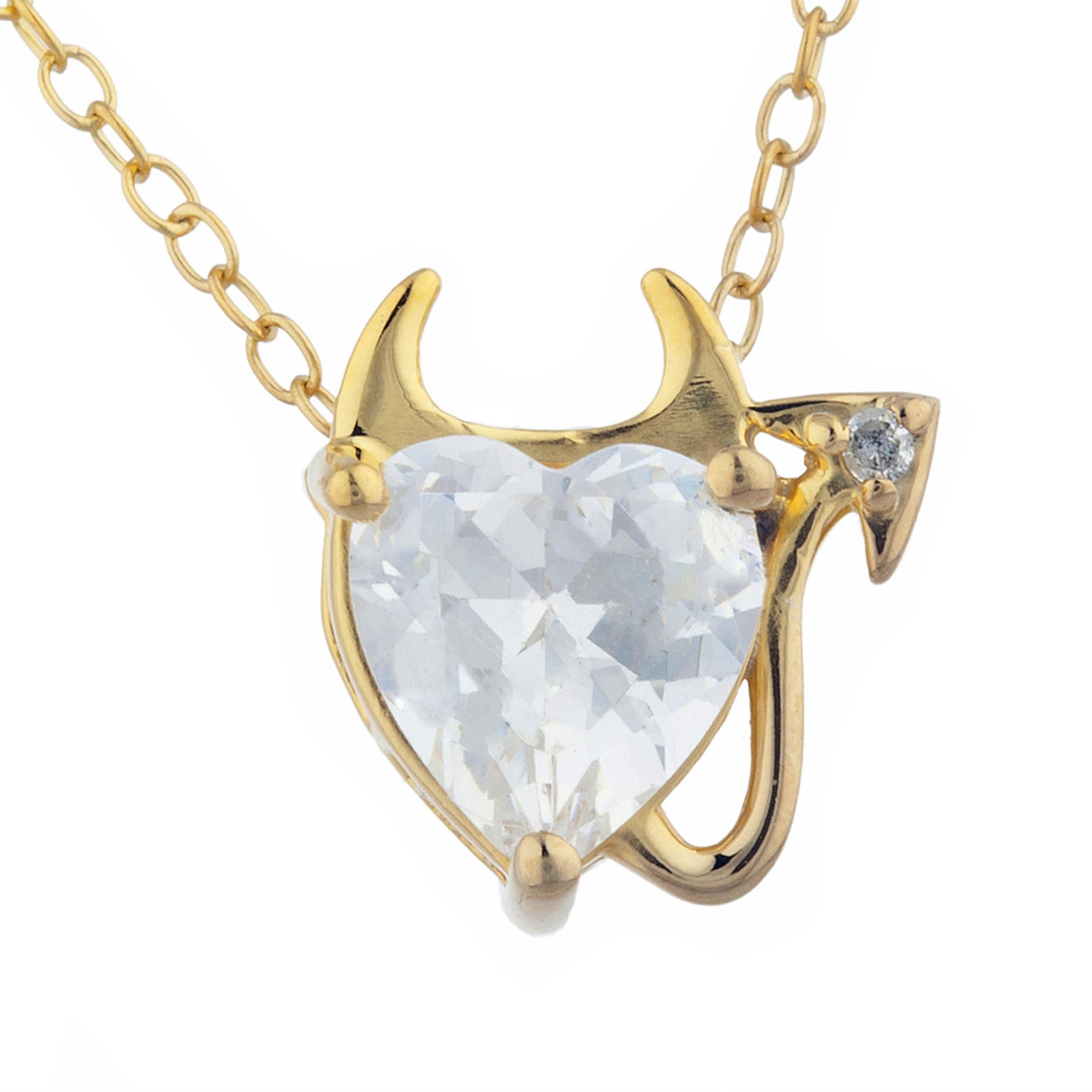 14Kt Gold 1.5 Ct White Sapphire & Diamond Devil Heart Pendant Necklace