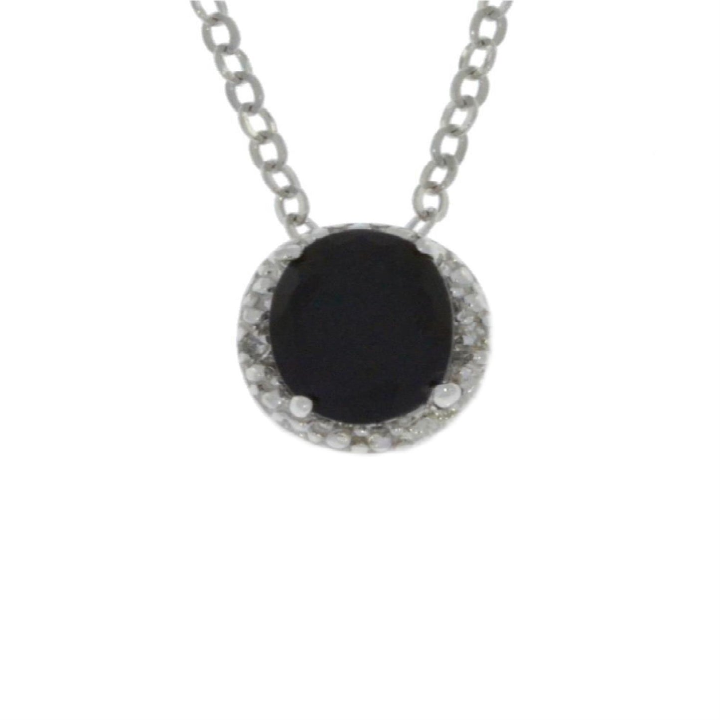 14Kt Gold Genuine Black Onyx & Diamond Round Pendant Necklace