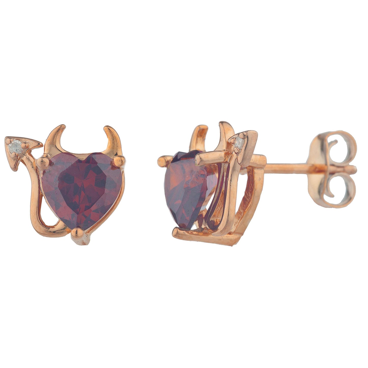 Garnet & Diamond Devil Heart Stud Earrings 14Kt Rose Gold Plated