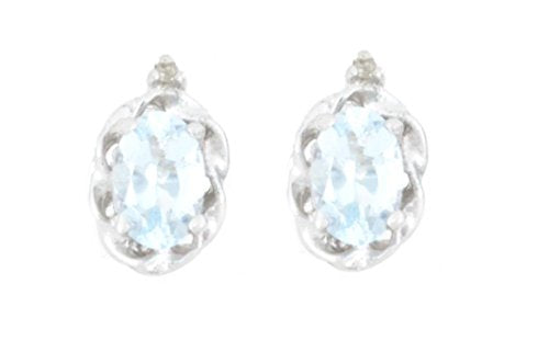 1 Ct Genuine Aquamarine & Diamond Oval Stud Earrings .925 Sterling Silver