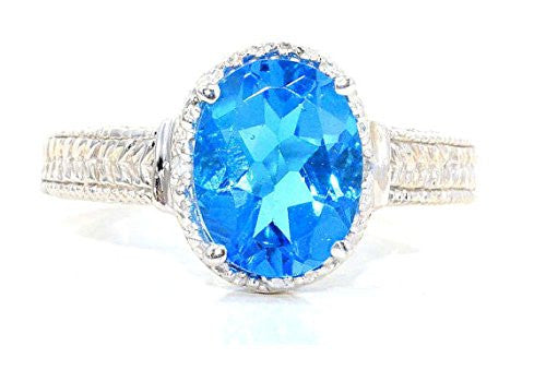 3 Ct Swiss Blue Topaz & Diamond Oval Ring .925 Sterling Silver Rhodium Finish