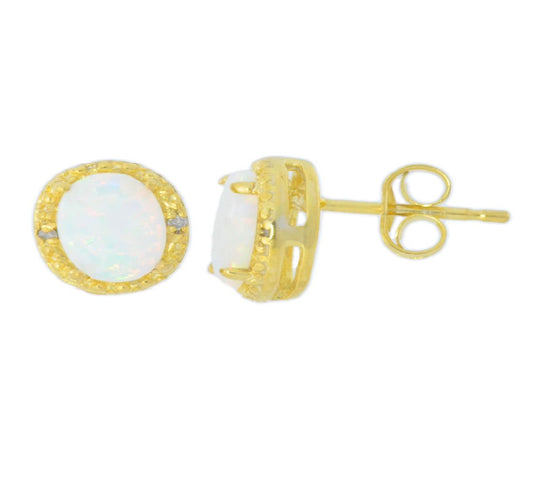 Genuine Opal & Diamond Round Stud Earrings 14Kt Yellow Gold