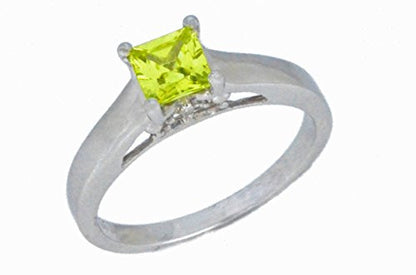 0.50 Ct Peridot & Diamond Princess Cut Ring .925 Sterling Silver Rhodium Finish