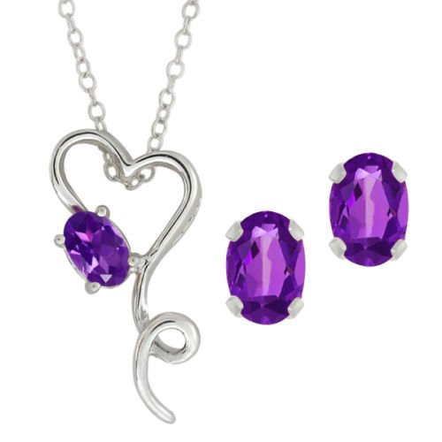 2.5 Ct Amethyst Oval Heart Stud Earrings & Pendant .925 Sterling Silver Rhodi...