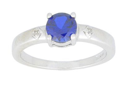 1 Ct Created Blue Sapphire & Diamond Round Ring .925 Sterling Silver Rhodium Finish