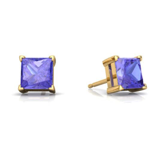 14Kt Yellow Gold Tanzanite Princess Cut Stud Earrings