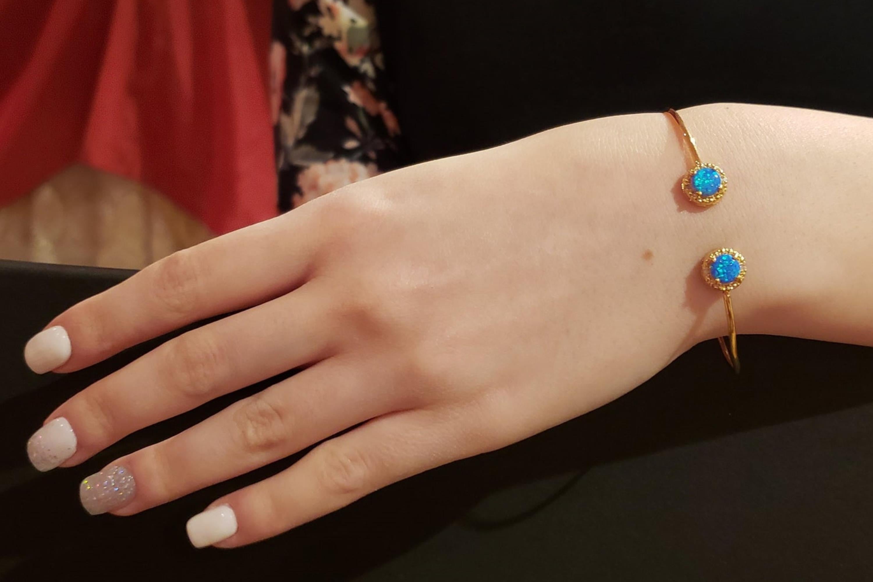 14Kt Gold Blue Opal & Diamond Round Bangle Bracelet