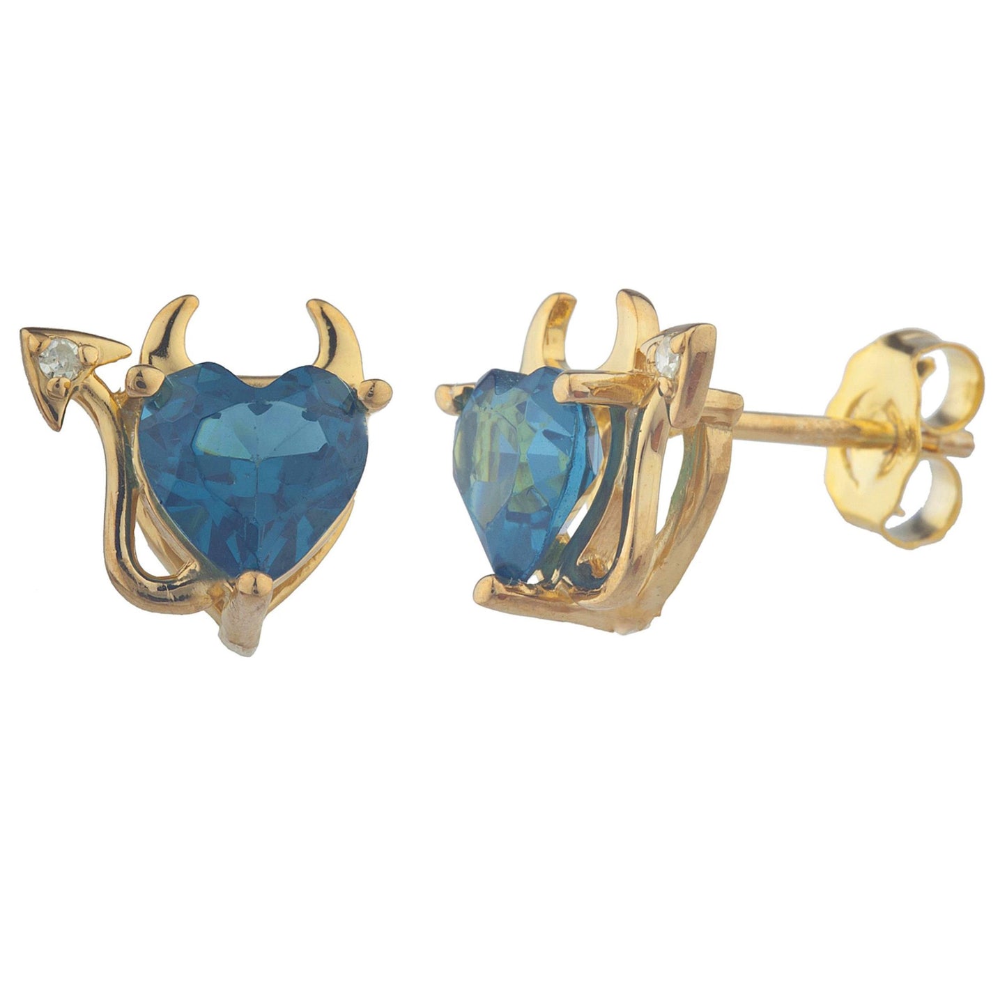 London Blue Topaz & Diamond Devil Heart Stud Earrings 14Kt Yellow Gold Plated