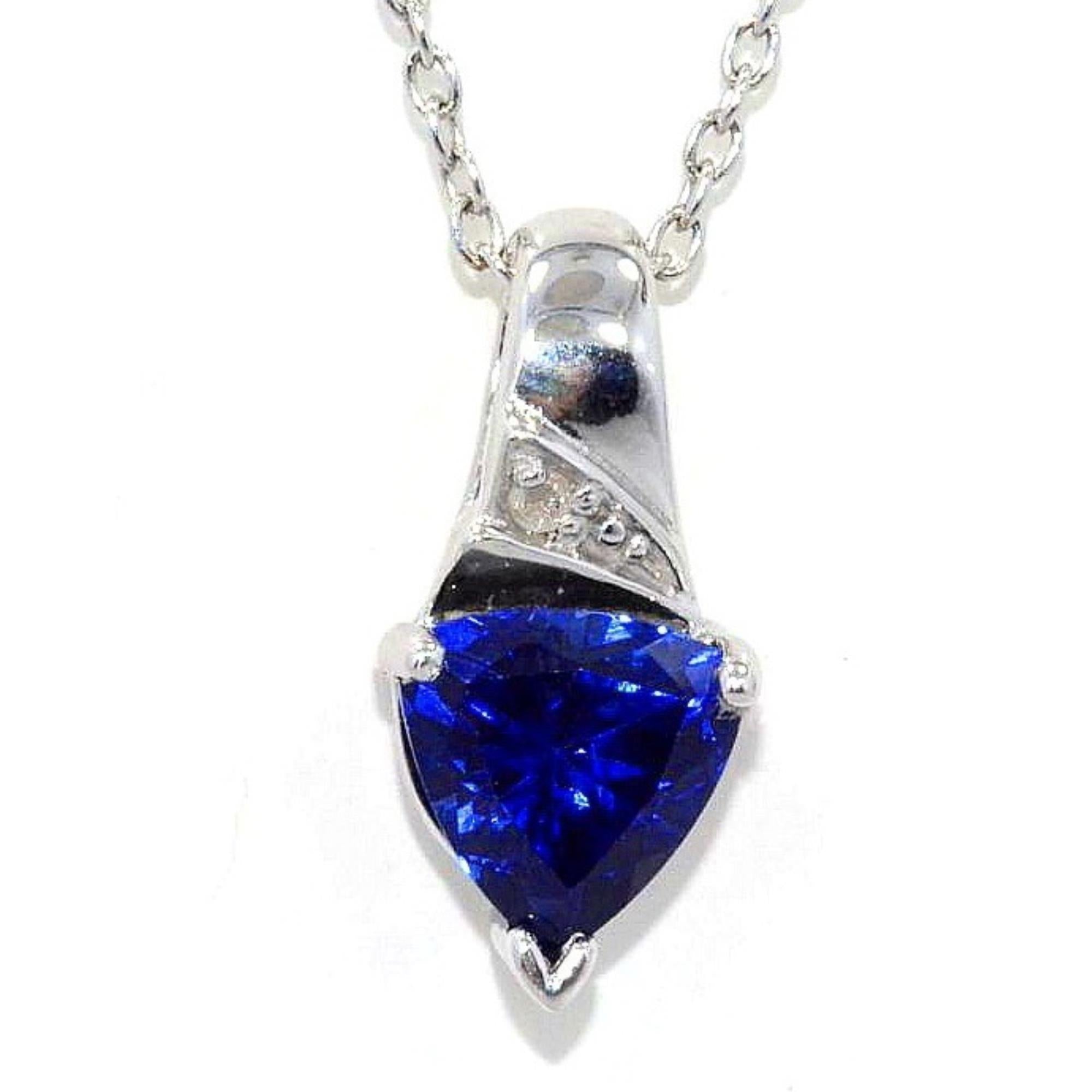 14Kt Gold 1.5 Ct Blue Sapphire & Diamond Trillion Pendant Necklace