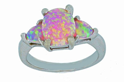 10x8mm Pink Opal Oval & Heart Ring .925 Sterling Silver Rhodium Finish