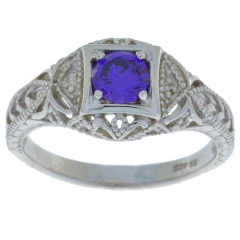 0.50 Ct Amethyst & Diamond Round Ring .925 Sterling Silver