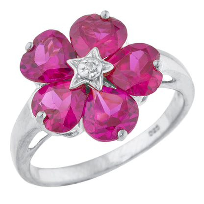 14Kt Gold Created Ruby & Diamond Heart Flower Design Ring