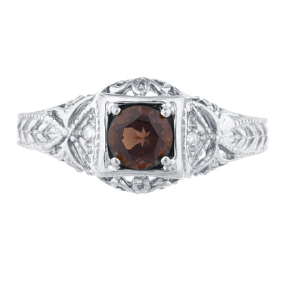 14Kt Gold Genuine Smoky Topaz & Diamond Design Round Ring