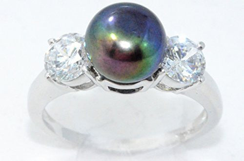 9mm Peacock Freshwater Pearl & Zirconia Ring .925 Sterling Silver Rhodium Finish