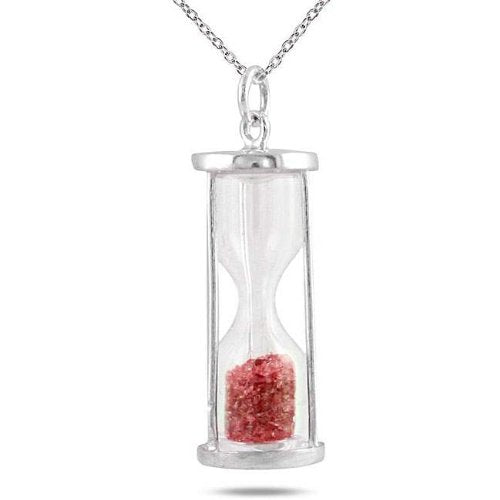 Natural Garnet 0.75 Ct 'Time in Bottle' Dust Hourglass Pendant .925 Sterling Silver