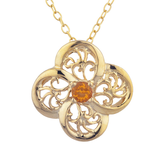 14Kt Gold Orange Citrine Clover Design Pendant Necklace