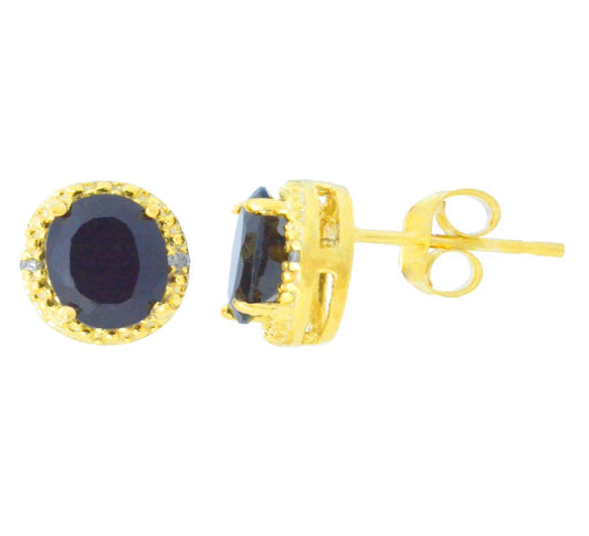 2 Ct Genuine Black Onyx & Diamond Round Stud Earrings 14Kt Yellow Gold