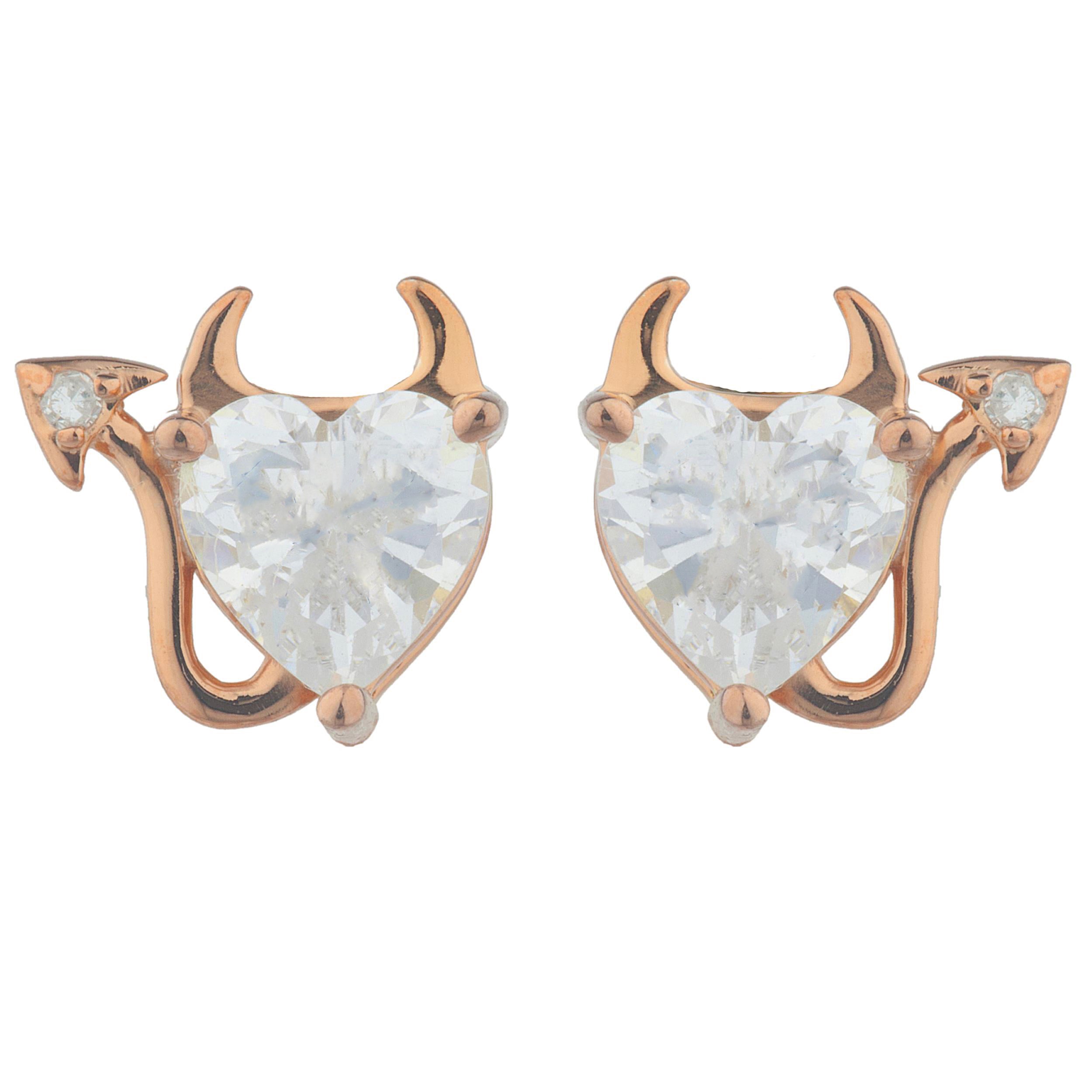14Kt Gold White Sapphire & Diamond Devil Heart Stud Earrings