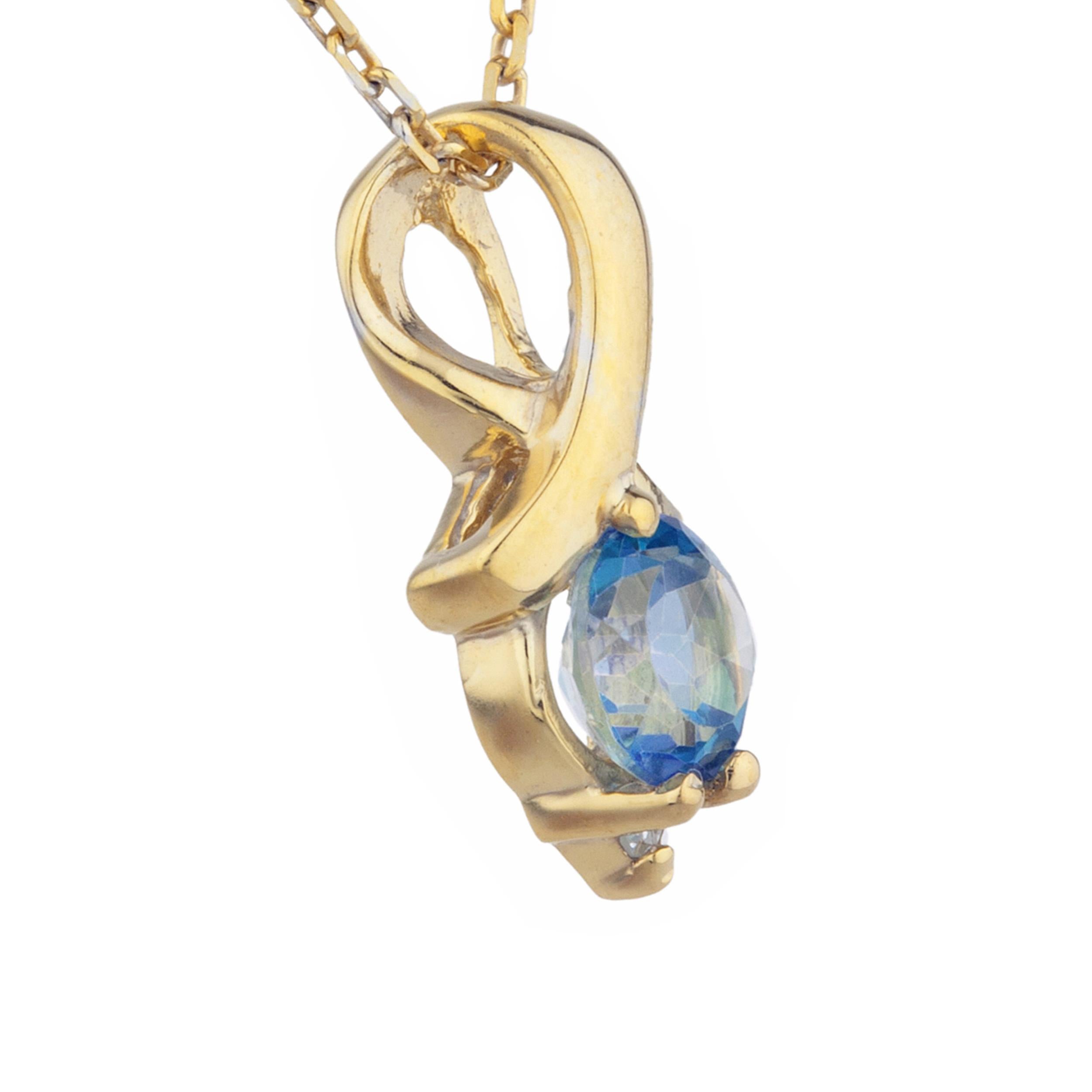 14Kt Gold Natural Blue Mystic Topaz & Diamond Round Design Pendant Necklace
