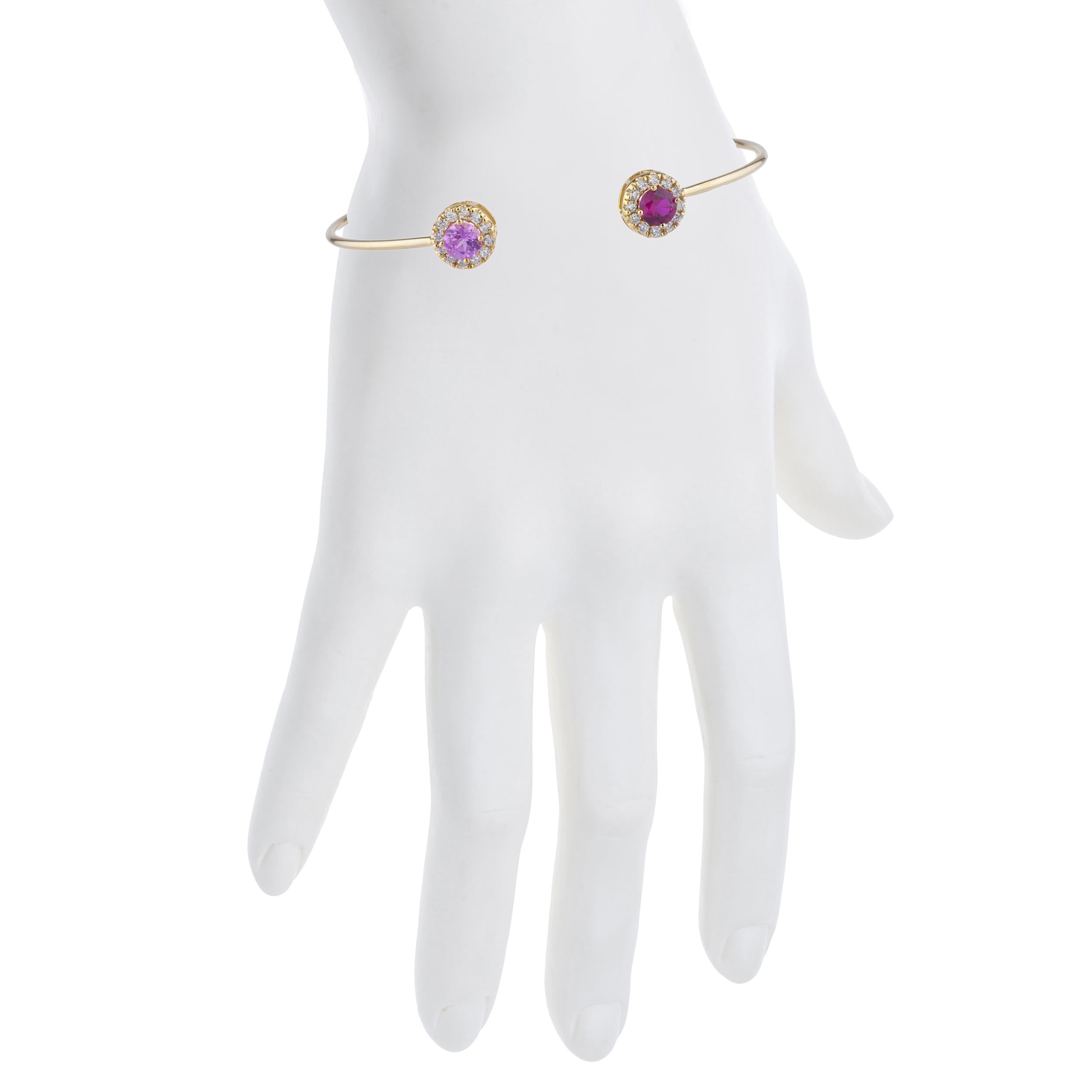 14Kt Gold Created Ruby & Pink Sapphire Halo Design Bangle Bracelet