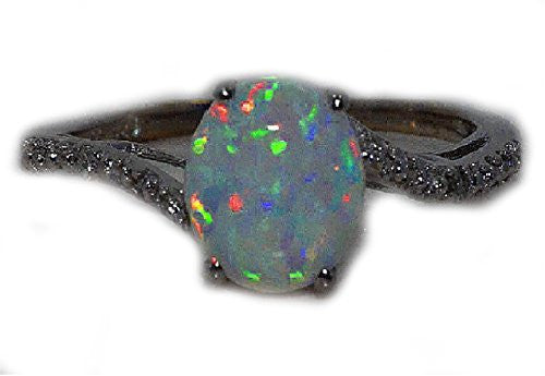 7mm Opal & Diamond Round Ring .925 Sterling Silver Rhodium Finish