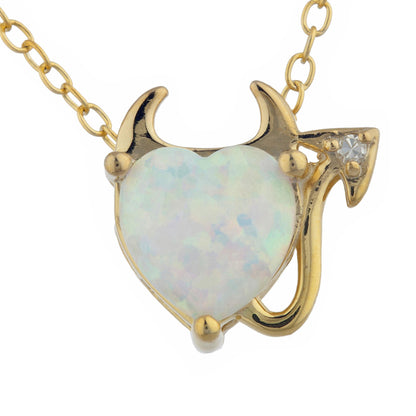 14Kt Gold Opal & Diamond Devil Heart Pendant Necklace