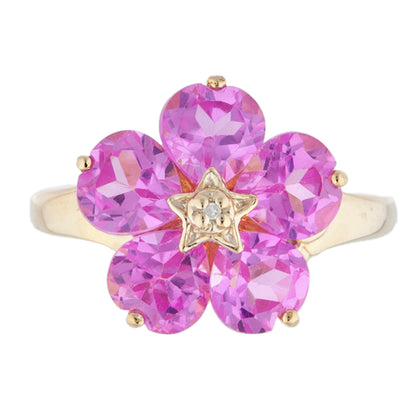 14Kt Gold Pink Sapphire & Diamond Heart Flower Design Ring