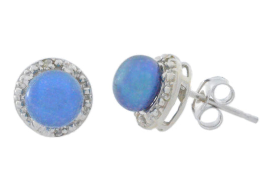 Natural Blue Freshwater Pearl & Diamond Round Stud Earrings 14Kt White Gold