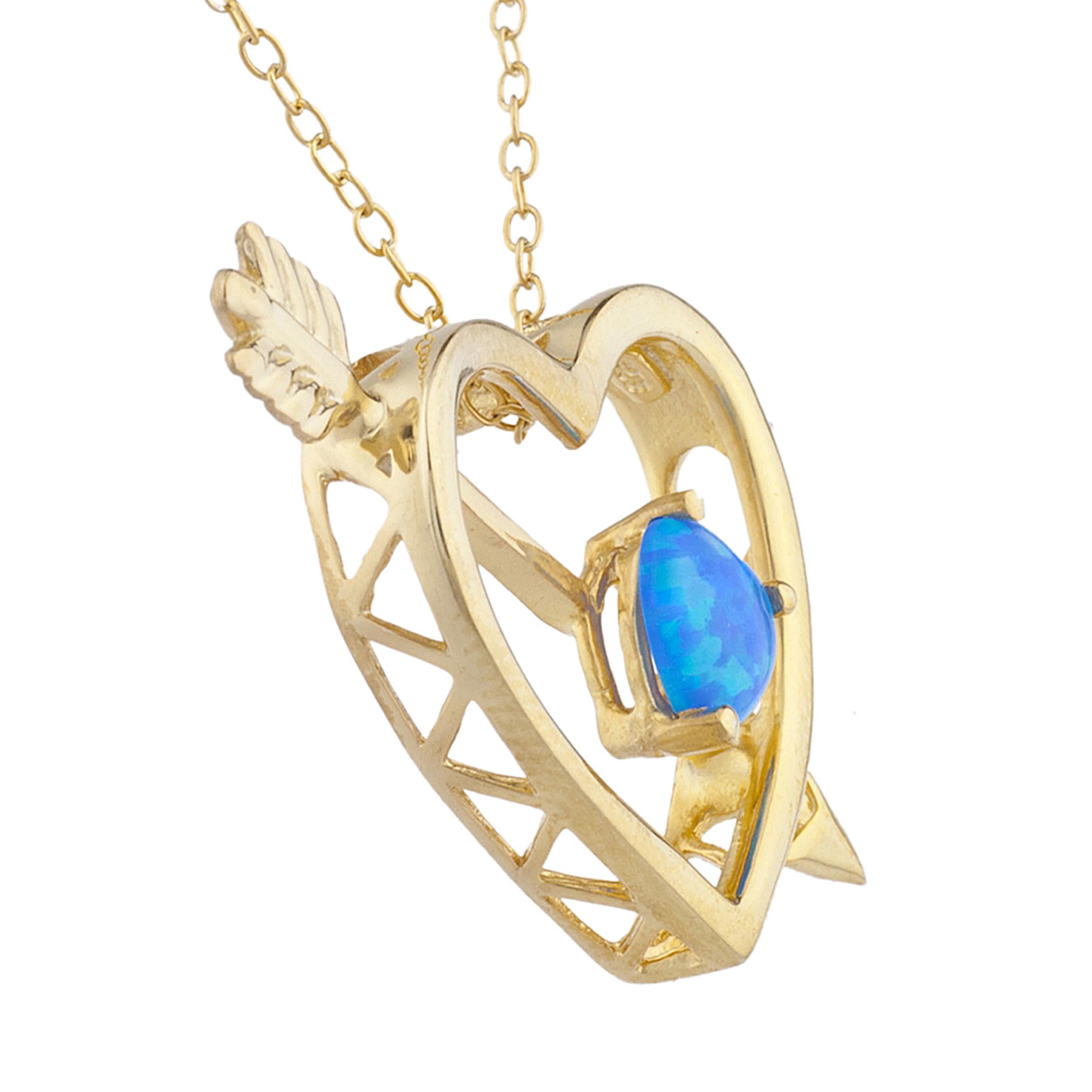 14Kt Gold Blue Opal Heart Bow & Arrow Pendant Necklace