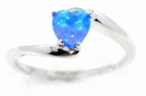 6mm Blue Opal Heart Ring .925 Sterling Silver Rhodium Finish