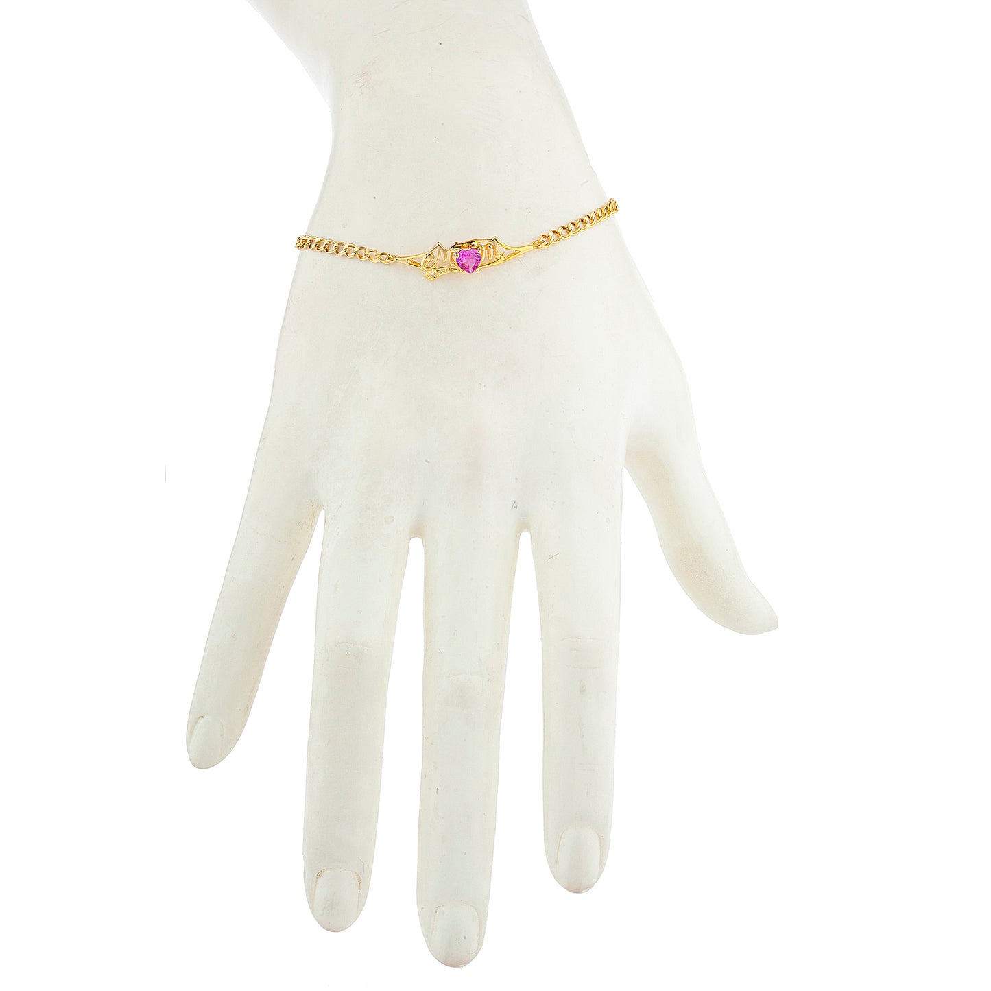 Pink Sapphire & Diamond Heart Mom Bracelet 14Kt Yellow Gold Plated Over .925 Sterling Silver