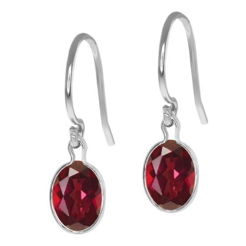 2 Ct Created Ruby Oval Bezel Dangle Earrings .925 Sterling Silver