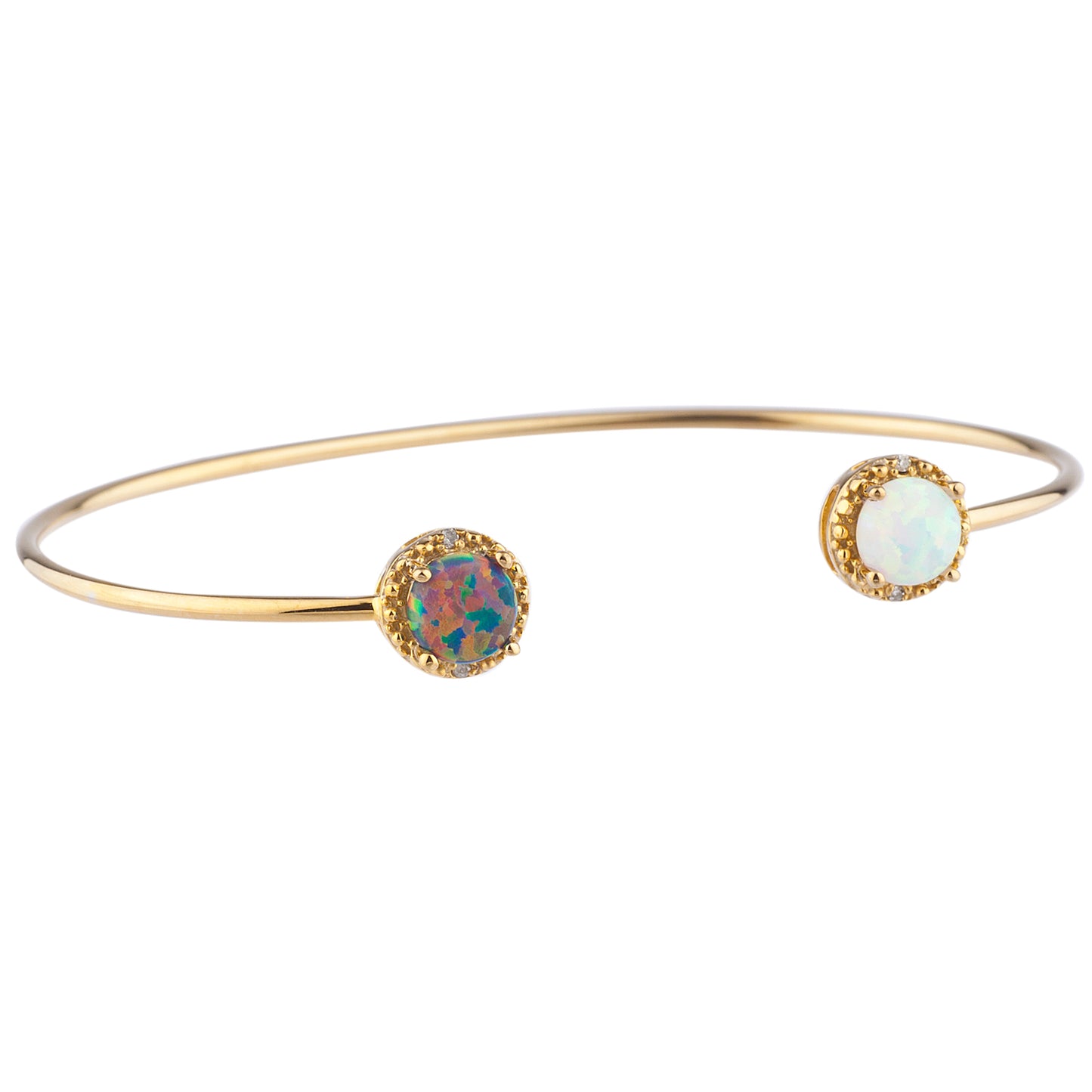 14Kt Gold Black & White Opal Diamond Round Bangle Bracelet