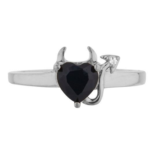 Genuine Black Onyx & Diamond Devil Heart Ring 14Kt Yellow Gold Rose Gold Silver