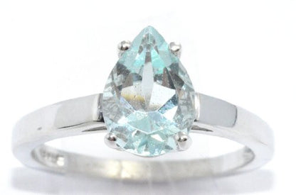 2 Ct Aquamarine Pear Ring .925 Sterling Silver Rhodium Finish