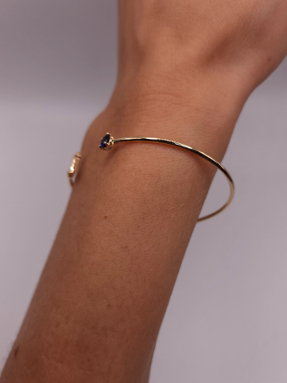 14Kt Gold Blue Sapphire & Diamond Initial Letter Bangle Bracelet