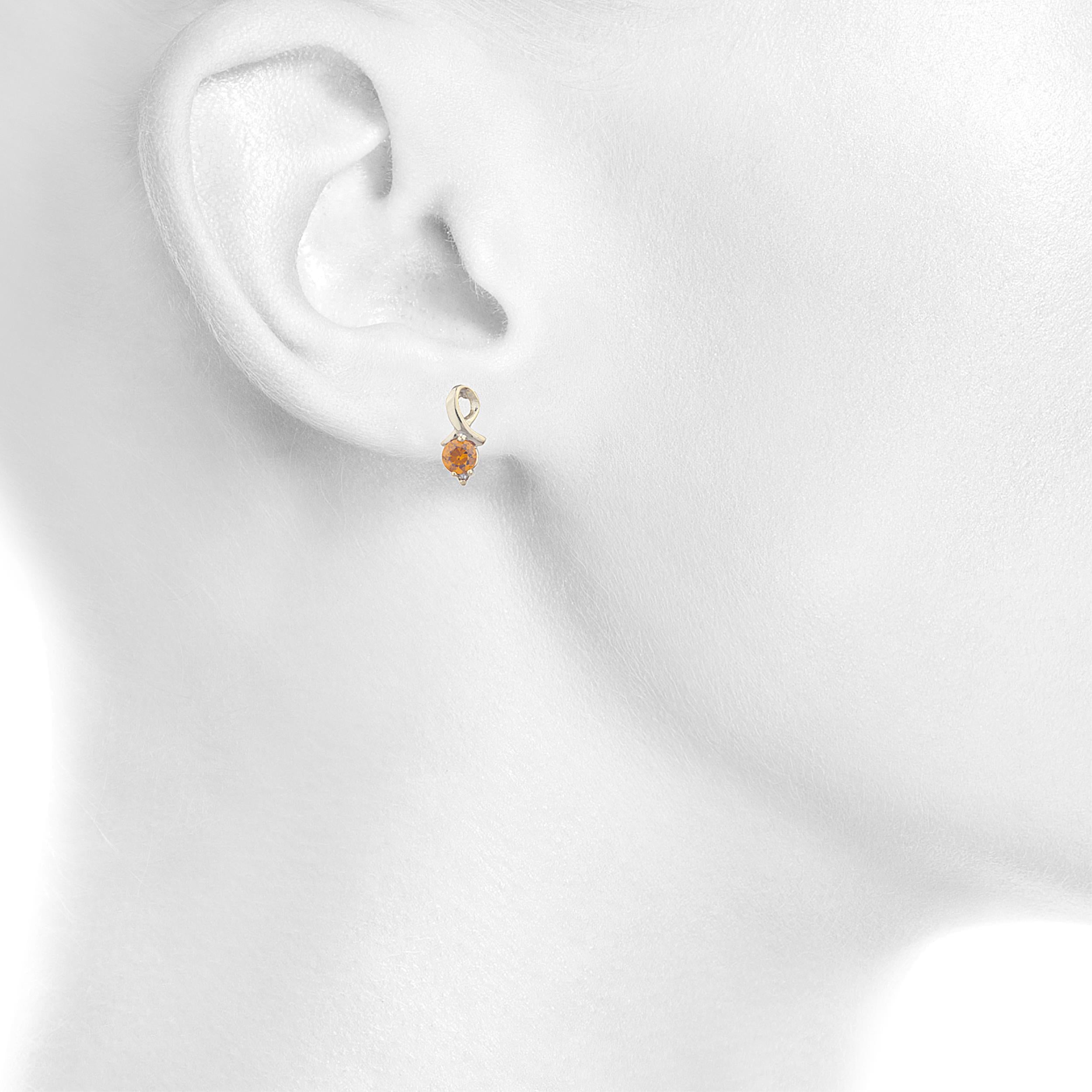 14Kt Gold Orange Citrine & Diamond Round Design Stud Earrings