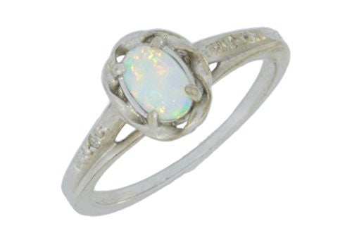 6x4mm Opal & Diamond Oval Ring .925 Sterling Silver Rhodium Finish