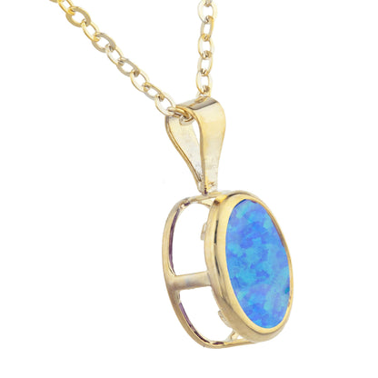 14Kt Gold Blue Opal Oval Bezel Pendant Necklace