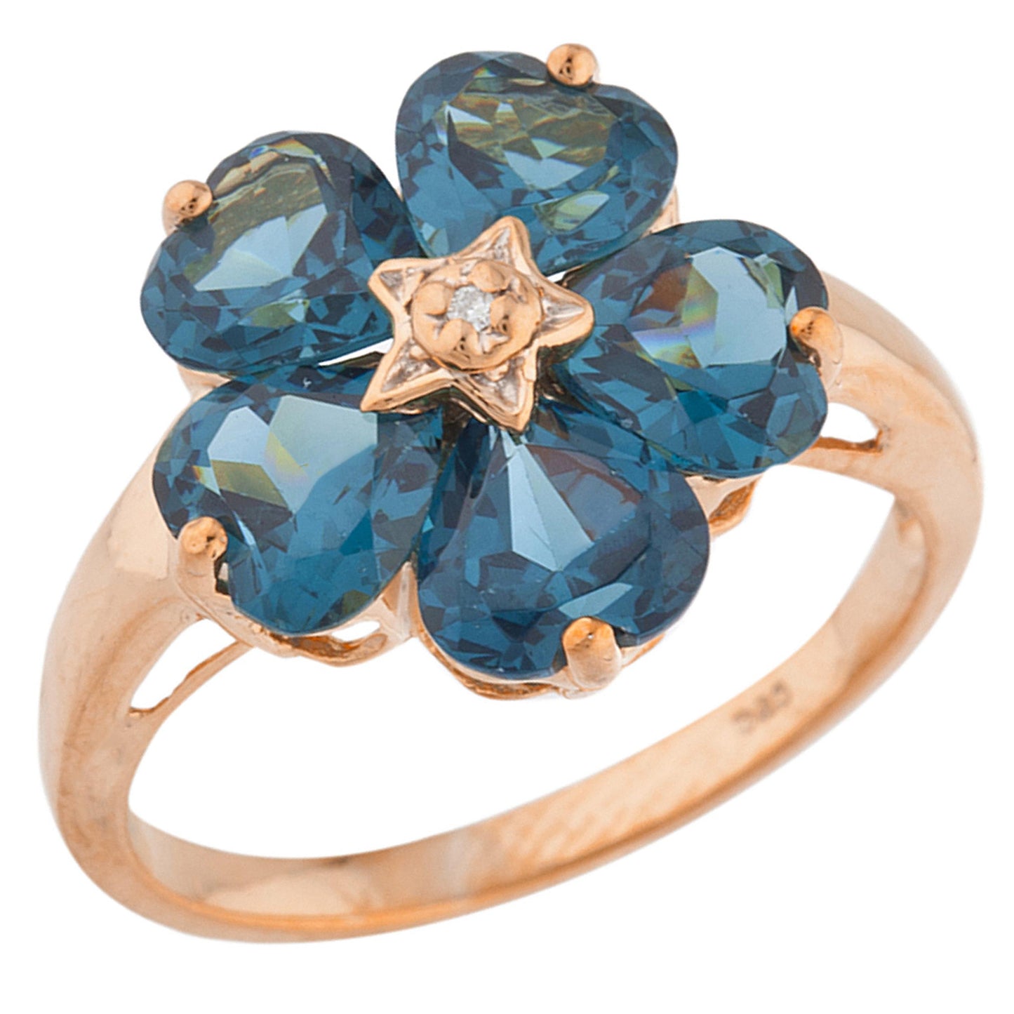 14Kt Gold London Blue Topaz & Diamond Heart Flower Design Ring