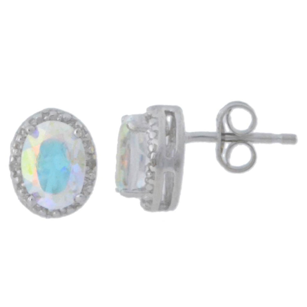 14Kt White Gold Mercury Mist Mystic Topaz & Diamond Oval Stud Earrings