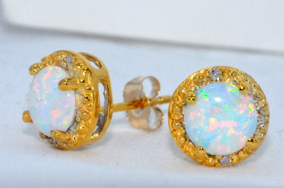 14Kt Yellow Gold Opal & Diamond Round Stud Earrings